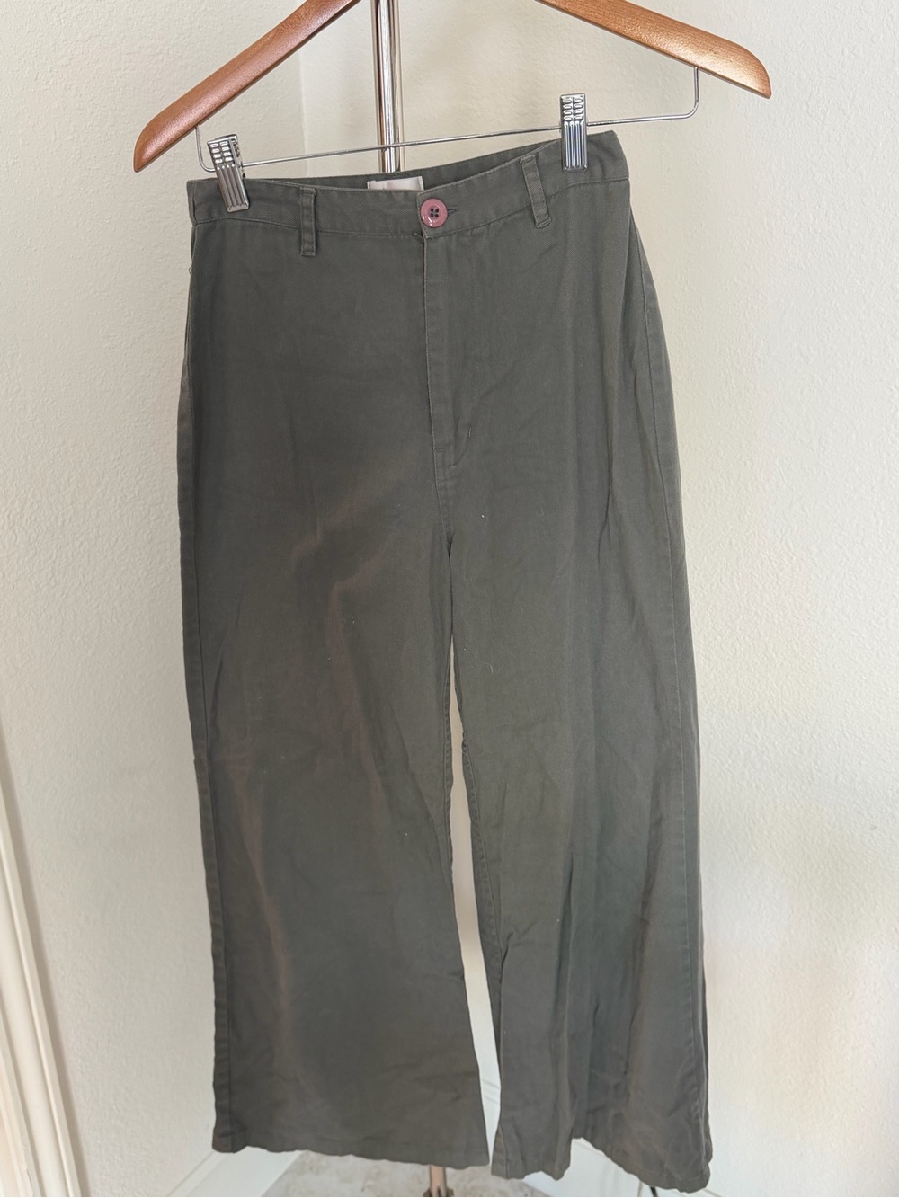 Amuse Society Olive Green Boot Cut Pants with Pink Button